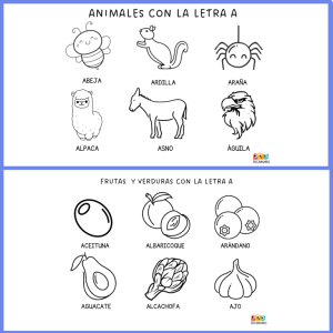 Imagen general de fichas educativas con dibujos para colorear que empiezan con la letra A, dirigidas a niños de preescolar y primaria. Incluye animales y objetos para colorear.