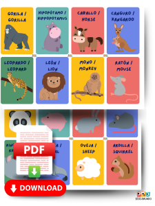Imagen de fichas educativas con nombres de animales en inglés y español