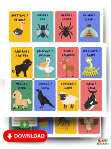 Imagen de fichas educativas con nombres de animales en inglés y español