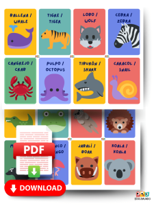 Imagen de fichas educativas con nombres de animales en inglés y español