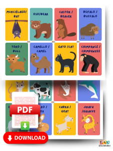 Imagen de fichas educativas con nombres de animales en inglés y español