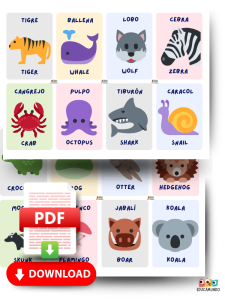 Imagen de fichas educativas con nombres de animales en inglés y español