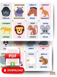 Imagen de fichas educativas con nombres de animales en inglés y español