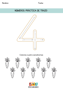 Imagen del número 4 con flechas direccionales que muestran cómo trazarlo, ideal para enseñar a niños pequeños la escritura de números. Ejercicio de conteo con imagen de cuatro manzanas para que los niños coloreen, ayudando a asociar el número con cantidades.