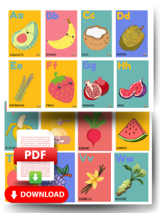 Abecedario ilustrado con frutas y verduras de la A a la Z para descargar, ideal para enseñanza preescolar y primaria.