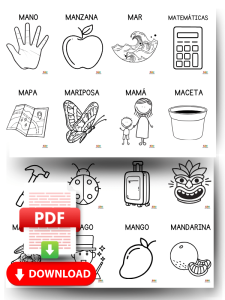 Fichas educativas de palabras con Ma, Me, Mi, Mo, Mu para colorear