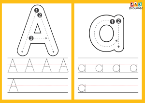 Ficha de trazado mostrando la letra A en mayúscula y minúscula con líneas guía para facilitar el aprendizaje de la escritura correcta.