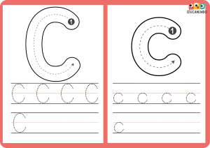 Ficha didáctica con la letra C, incluyendo ejemplos en mayúscula y minúscula y líneas punteadas para practicar la escritura a mano
