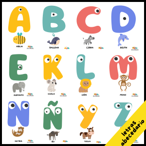 Abecedario colorido con animales para aula, cada letra acompañada de un animal distinto, disponible para descarga gratuita.
