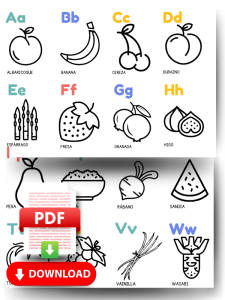 Fichas educativas de frutas y verduras asociadas a cada letra del abecedario, listas para uso en clase o en casa.