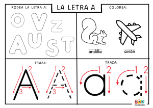 Ficha de actividades con la letra A para niños de preescolar. Contiene ejercicios de trazo para la mayúscula y minúscula de la letra A, así como dibujos de un árbol y un anillo para colorear.