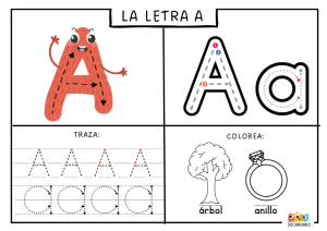 Hoja de trabajo sobre la letra A para preescolar con actividades de rodear, colorear y trazar.