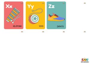 Conjunto completo de 27 tarjetas del abecedario español con imágenes coloridas para cada letra, ideal para el aula y el hogar.