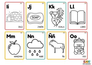 Conjunto completo de 27 tarjetas del abecedario español con imágenes PARA COLOREAR para cada letra, ideal para el aula y el hogar.