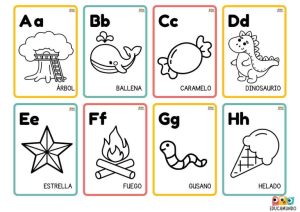 Conjunto completo de 27 tarjetas del abecedario español con imágenes PARA COLOREAR para cada letra, ideal para el aula y el hogar.