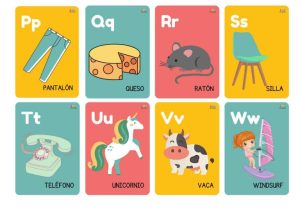 Conjunto completo de 27 tarjetas del abecedario español con imágenes coloridas para cada letra, ideal para el aula y el hogar.