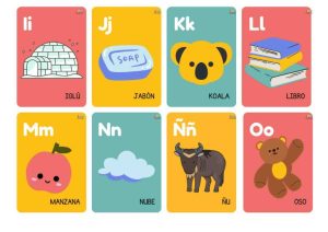 Conjunto completo de 27 tarjetas del abecedario español con imágenes coloridas para cada letra, ideal para el aula y el hogar.