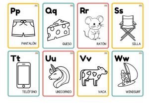 Conjunto completo de 27 tarjetas del abecedario español con imágenes PARA COLOREAR para cada letra, ideal para el aula y el hogar.