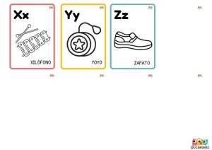 Conjunto completo de 27 tarjetas del abecedario español con imágenes PARA COLOREAR para cada letra, ideal para el aula y el hogar.