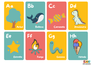 Conjunto completo de 27 tarjetas del abecedario español con imágenes coloridas para cada letra, ideal para el aula y el hogar.
