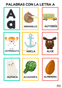 Hoja educativa con palabras que comienzan con la letra A: armadillo, autobús, astronauta, ancla, alce, alpaca, alcachofa, almendra. 