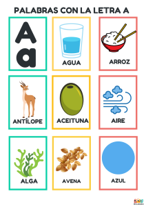 Hoja educativa con palabras que comienzan con la letra A: agua, arroz, antílope, aceituna, aire, alga, avena, azul.