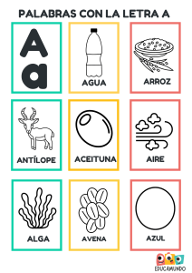 Hoja educativa con palabras que comienzan con la letra A: agua, arroz, antílope, aceituna, aire, alga, avena, azul. para colorear
