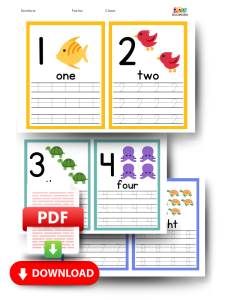 Ilustraciones descargables de los números 1 al 10 en inglés, cada número destacado con un dibujo único para facilitar el aprendizaje.