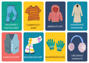 Fichas de vocabulario en inglés de ropa formal e informal, con ilustraciones para niños