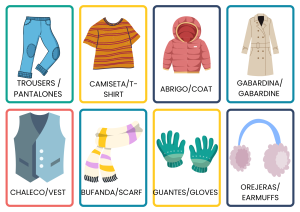 Fichas de vocabulario en inglés de ropa formal e informal, con ilustraciones para niños