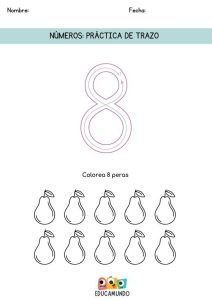 Actividad de trazo del número 8 con dibujos de peras para que los niños cuenten y coloreen.