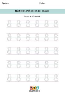 Ejercicio de trazo del número 8 con varios números en puntos para repasar.