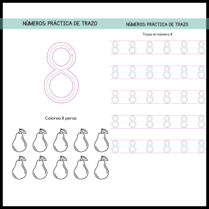 Ficha educativa del trazo del número 8 con imágenes de peras para colorear.