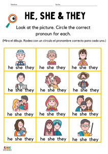 Ejercicio de pronombres "He, She & They". Muestra imágenes de diferentes personas con tres opciones de pronombres debajo de cada imagen (he, she, they). Los estudiantes deben rodear el pronombre correcto para cada imagen.