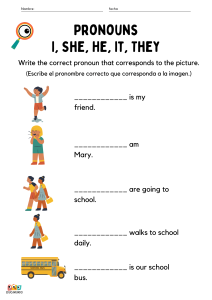 Ejercicio de pronombres "I, She, He, It, They". Incluye oraciones incompletas con espacios en blanco para que los estudiantes llenen con el pronombre correcto. Se presentan imágenes de niños en diferentes actividades.