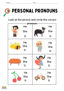 Ejercicio de pronombres personales "He, She, It". Muestra varias imágenes de objetos y animales, con tres opciones de pronombres (He, She, It) debajo de cada imagen para que los estudiantes rodeen el correcto.