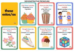 Imagen que muestra ejemplos del uso del pronombre demostrativo "these". Incluye frases como "I like these cupcakes" (Me gustan estos cupcakes) y "Look at these beautiful flowers" (Mira estas hermosas flores), con ilustraciones correspondientes a cada frase.