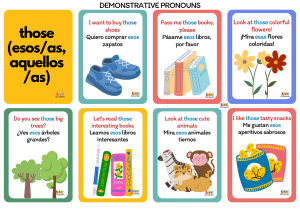 magen que muestra ejemplos del uso del pronombre demostrativo "those". Incluye frases como "I want to buy those shoes" (Quiero comprar esos zapatos) y "Do you see those big trees?" (¿Ves esos árboles grandes?), con ilustraciones correspondientes a cada frase.