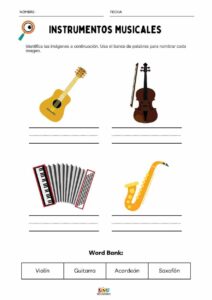 Actividad educativa para aprender nombres de instrumentos musicales