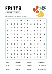 sopa de letras de frutas en ingles para niños