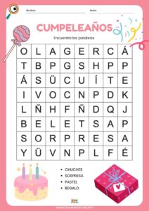 sopa de letras para niños tematica cumpleaños