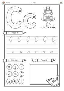 Fichas educativas con ejercicios del abecedario en inglés para niños, incluye trazos de letras, palabras y dibujos