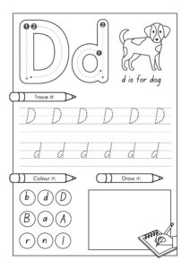 Fichas educativas con ejercicios del abecedario en inglés para niños, incluye trazos de letras, palabras y dibujos