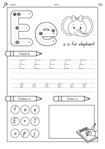 Fichas educativas con ejercicios del abecedario en inglés para niños, incluye trazos de letras, palabras y dibujos