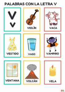 Fichas educativas con palabras que contienen la letra V, incluyendo imágenes y ejercicios para niños