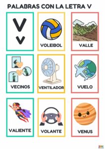 Fichas educativas con palabras que contienen la letra V, incluyendo imágenes y ejercicios para niños