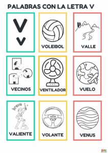 Fichas educativas con palabras que contienen la letra V, incluyendo imágenes y ejercicios para niños