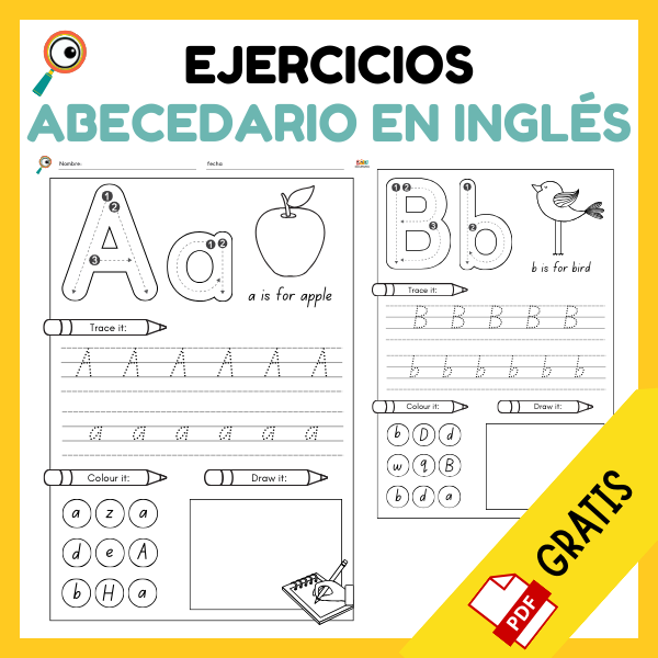 Fichas educativas con ejercicios del abecedario en inglés para niños, incluye trazos de letras, palabras y dibujos