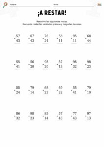 fichas de matemáticas con restas sin llevar para niños.
