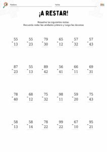 fichas de matemáticas con restas sin llevar para niños.
